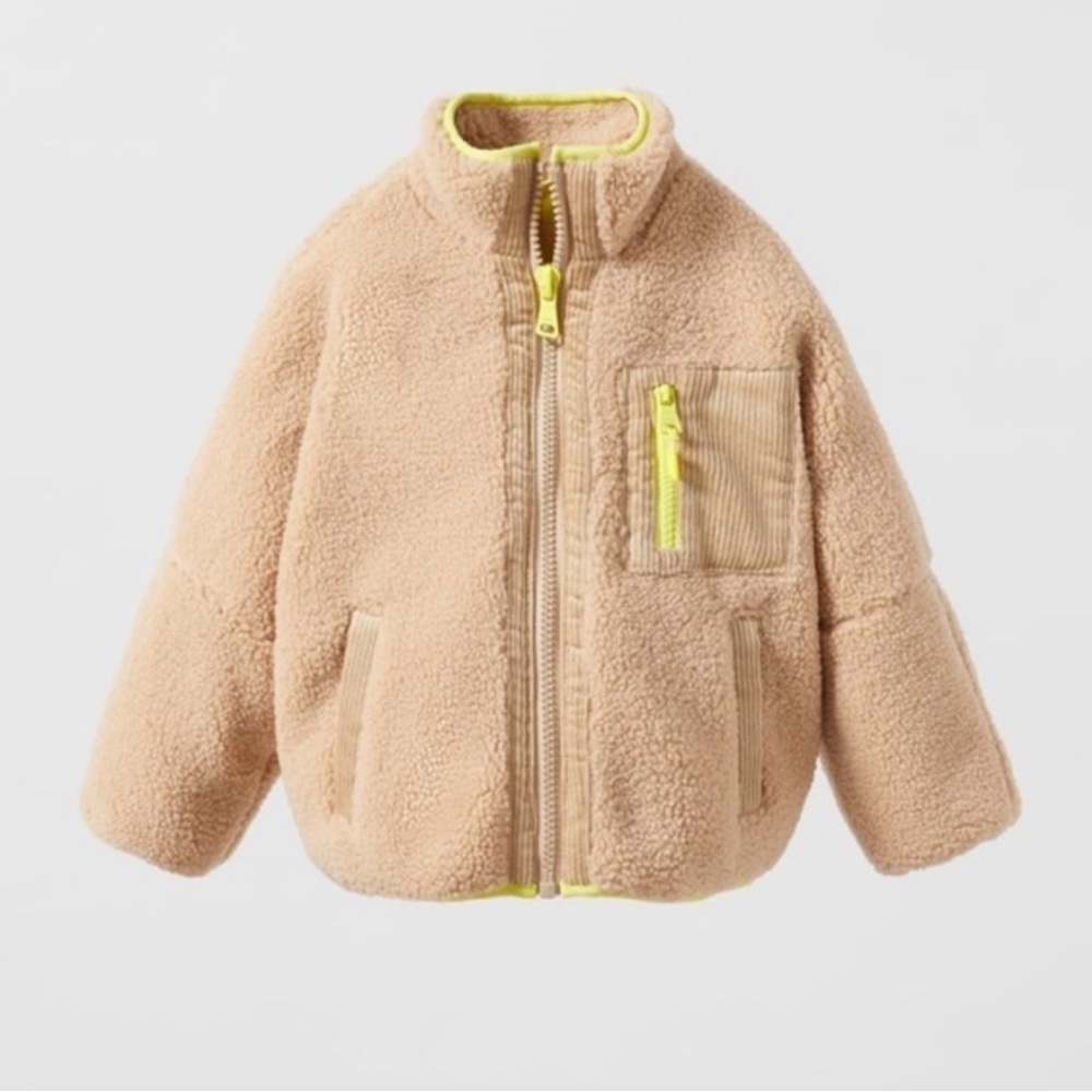 Zara Kids Tan Fleece Puffer Jacket with Yellow Accents. Size 10